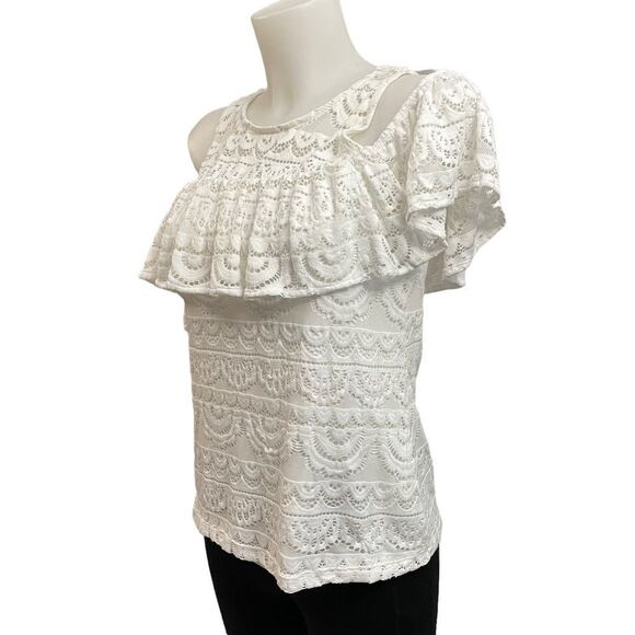 Lilly Pulitzer Lyra Top size XS resort white scalloped stripe lace cold shoulder - Picture 5 of 12
